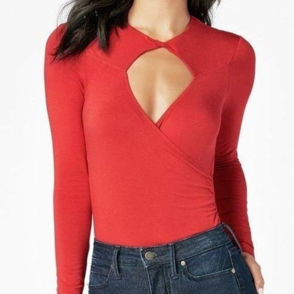 JustFab Women's Red Front Cutout Long Sleeve Bodysuit SIZE XL